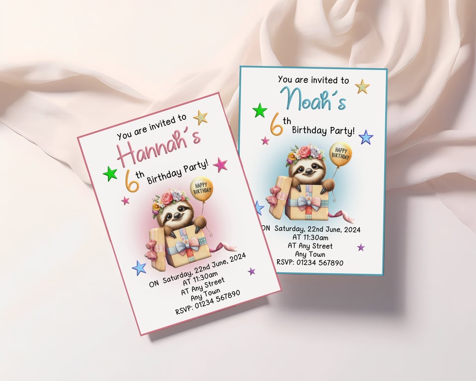 Personalised Sloth Party Invites X10, Postcard style, A6 size 10.5cm X 14.8cm