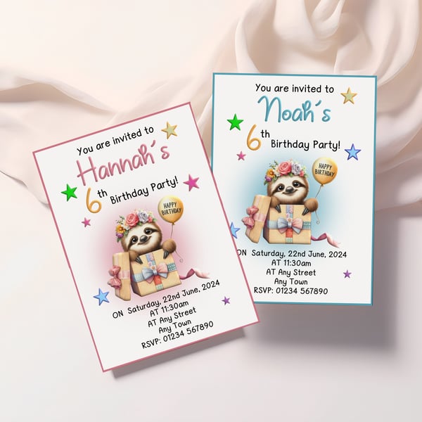 Personalised Sloth Party Invites X10, Postcard style, A6 size 10.5cm X 14.8cm