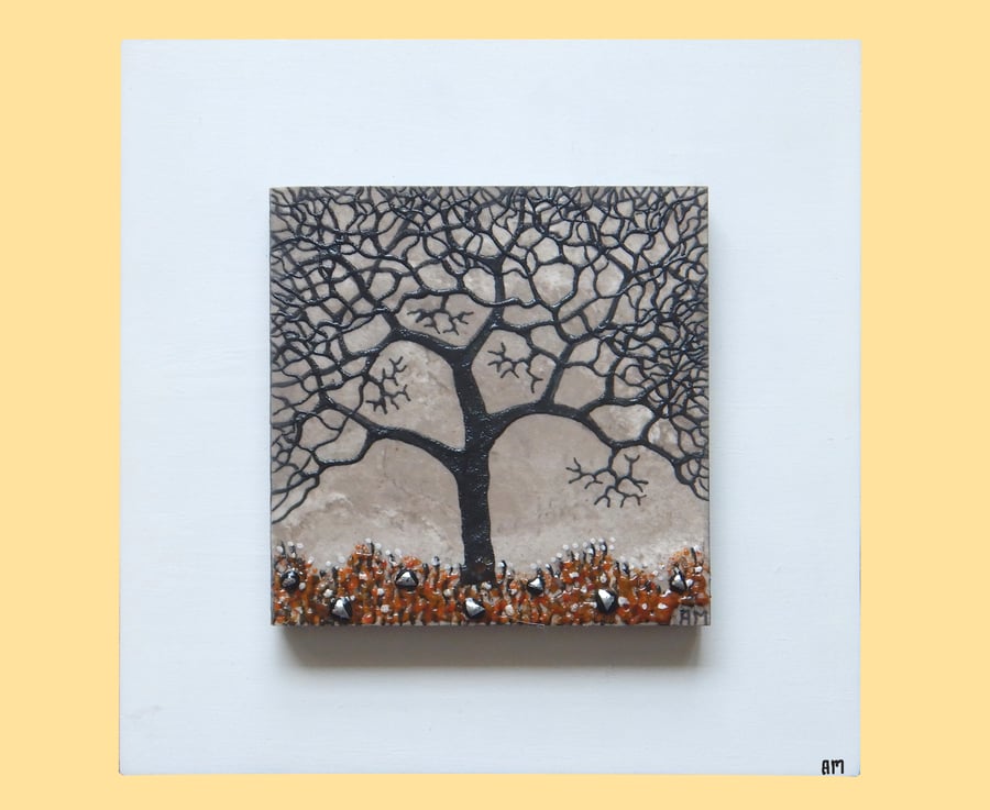 HANDMADE CERAMIC AND FUSED GLASS 'WINTER TREE' PICTURE.