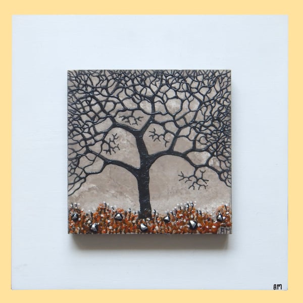 HANDMADE CERAMIC AND FUSED GLASS 'WINTER TREE' PICTURE.