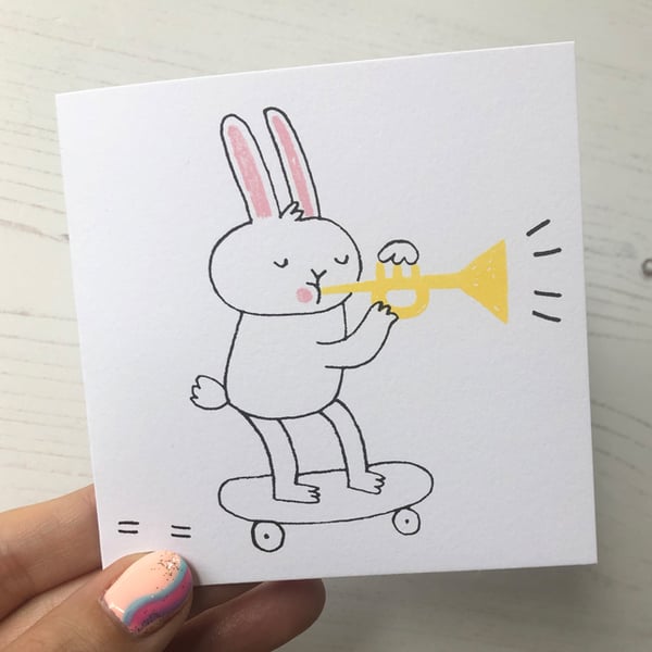 Skateboard Rabbit with Trumpet Screenprinted Card