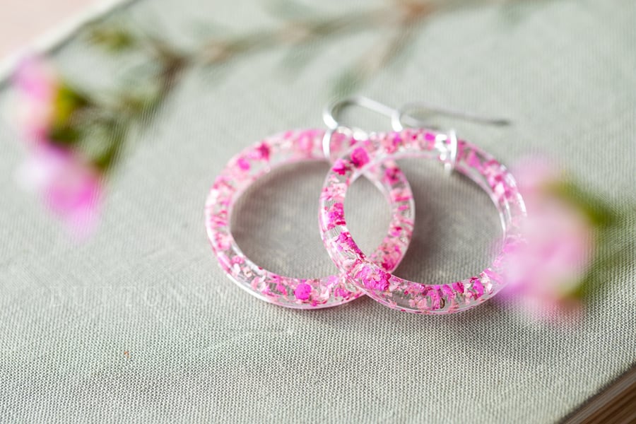 Resin Hoop Earrings "Cherry Blossom" Large Hoops Real Flower Earrings Gifts For 