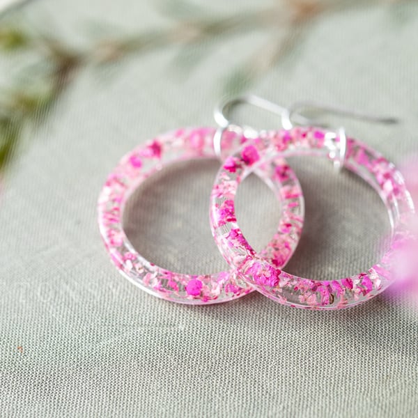 Resin Hoop Earrings "Cherry Blossom" Large Hoops Real Flower Earrings Gifts For 