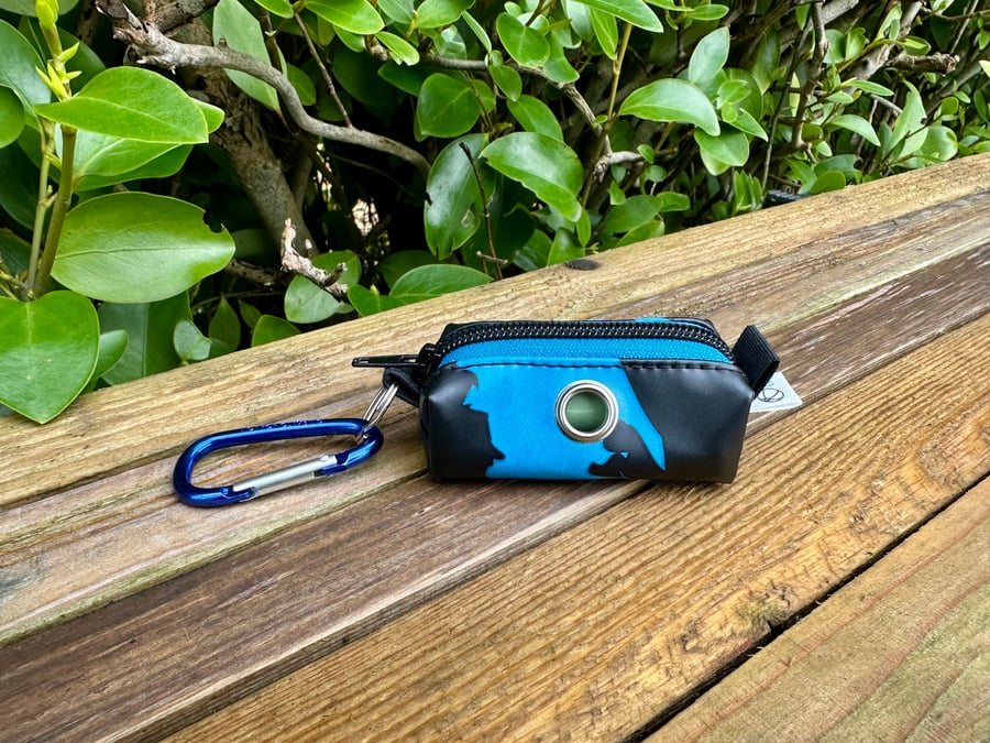 Repurposed Dog Poo Bag Holder Made From Pool Toy - Black and Blue
