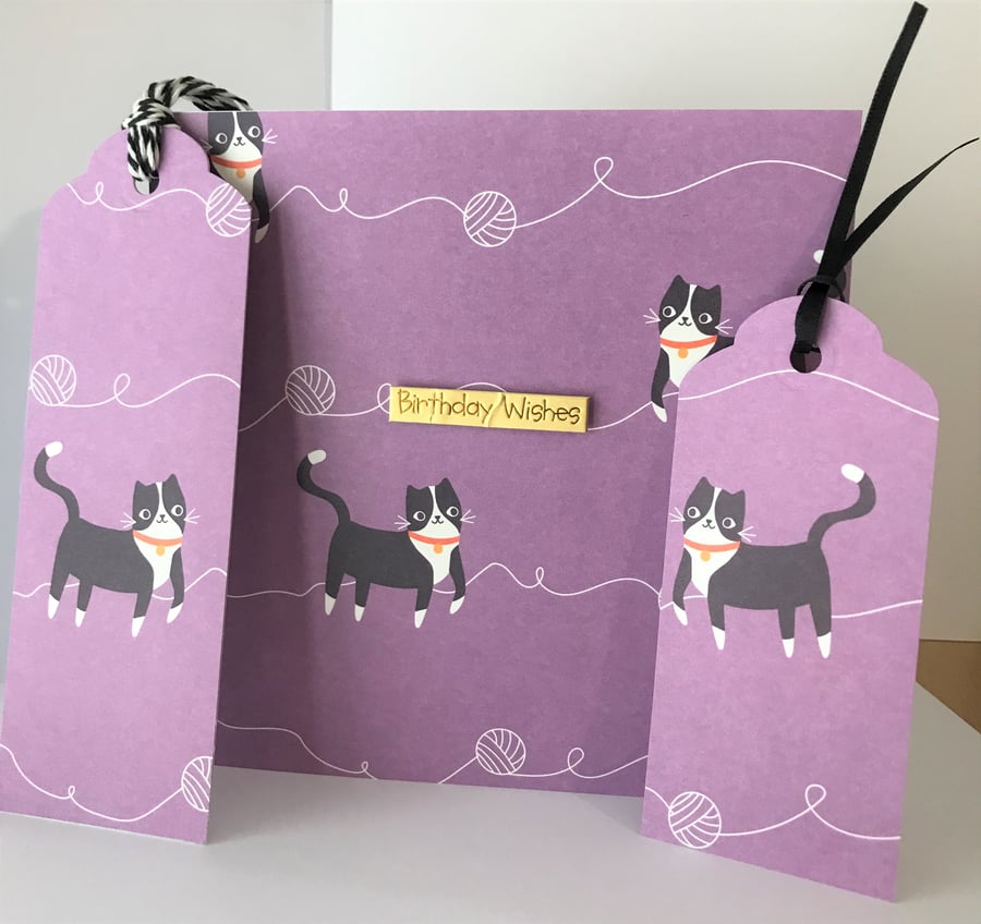 SALE Cute Cat handmade purple birthday card & gift tag AND matching bookmark 