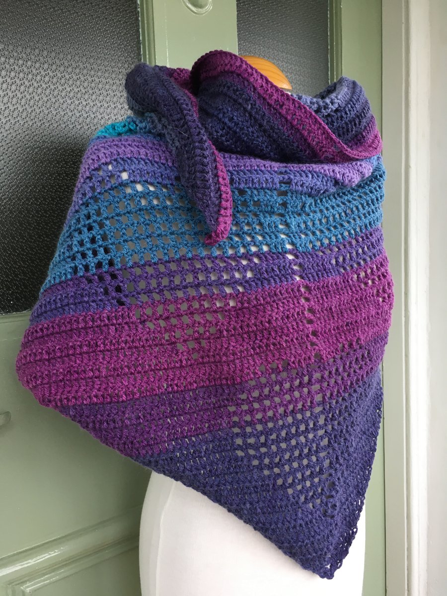 Queen of Hearts Handmade Shawl in Magenta, Purples and Blues