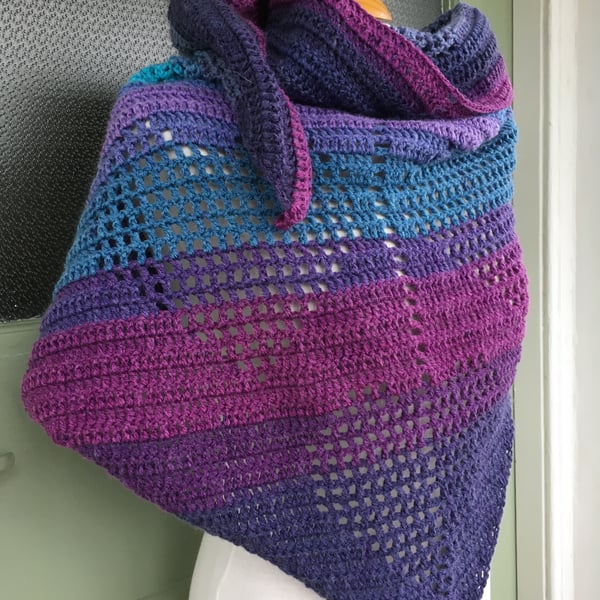 Queen of Hearts Handmade Shawl in Magenta, Purples and Blues