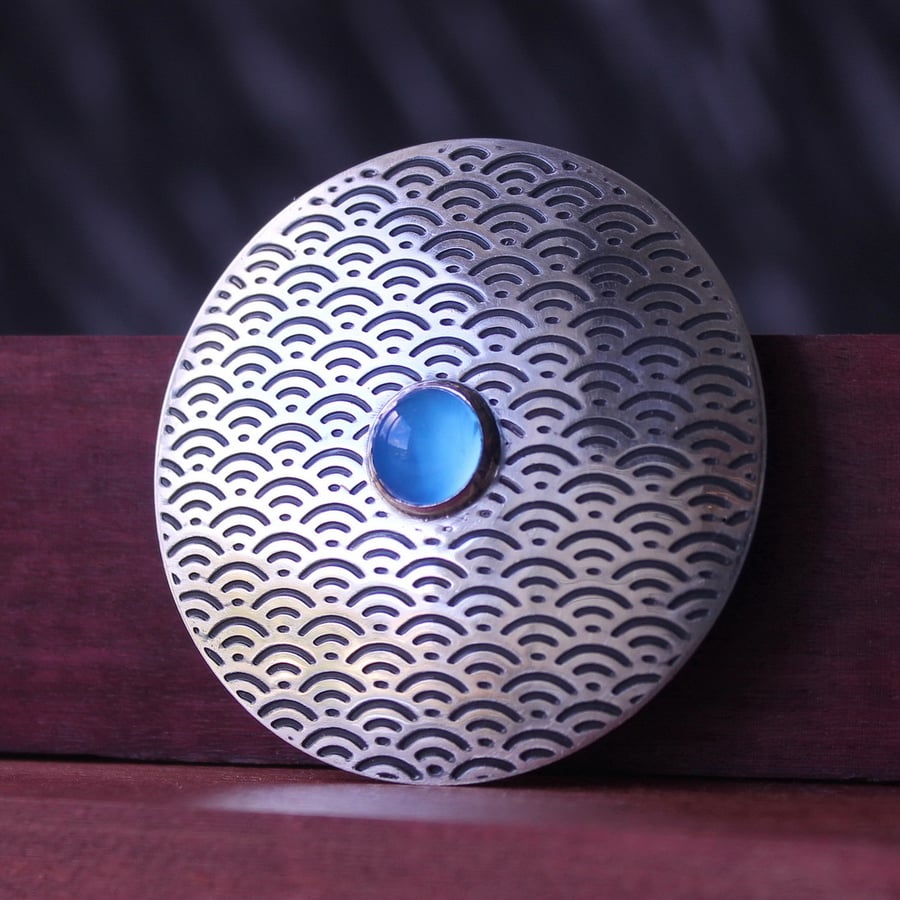 Chalcedony Brooch, Japanese Fan Pattern, Handmade sterling silver brooch No.5