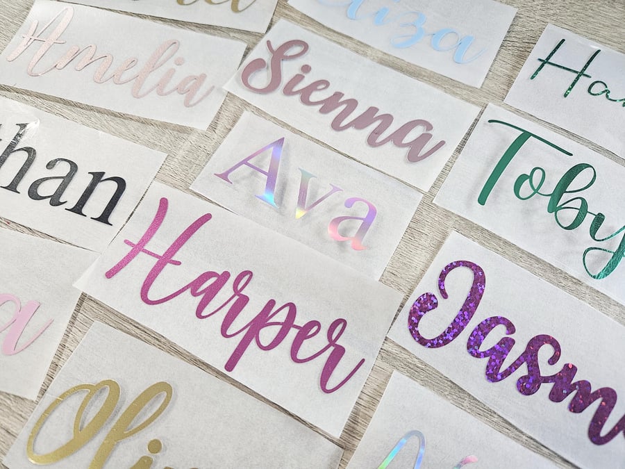 Iron on Vinyl names HTV Any Word Decal Sticker Fabric Tshirts Make up Bags Gown 