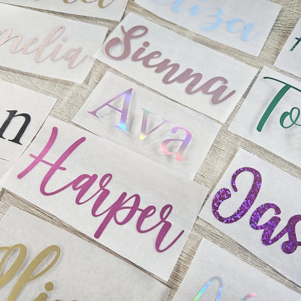 Iron on Vinyl names HTV Any Word Decal Sticker Fabric Tshirts Make up Bags Gown 