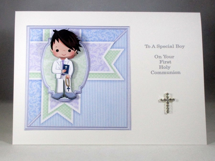 Holy Communion Decoupage Greeting Card for Boy, Diamante cross,rosary beads