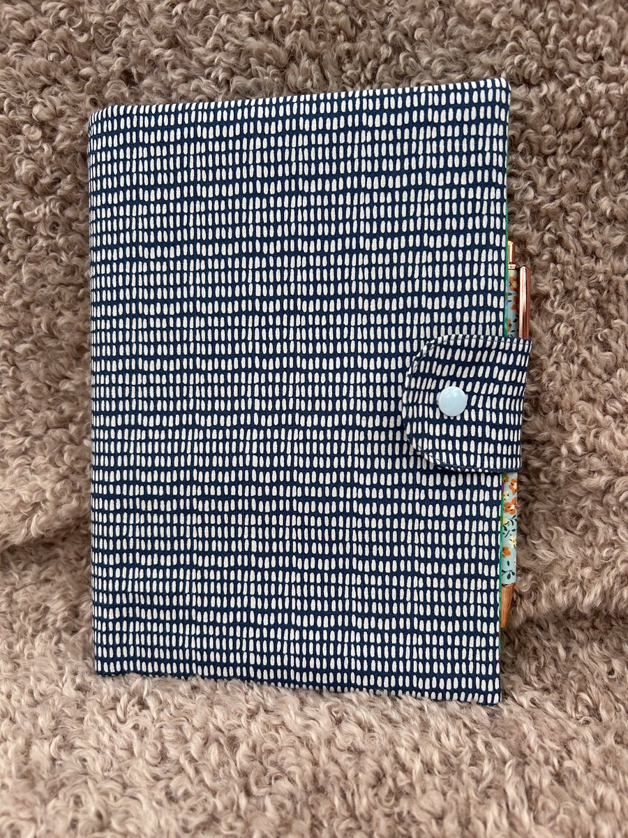 Cotton-Covered A5 Notebook with Pen - indigo print