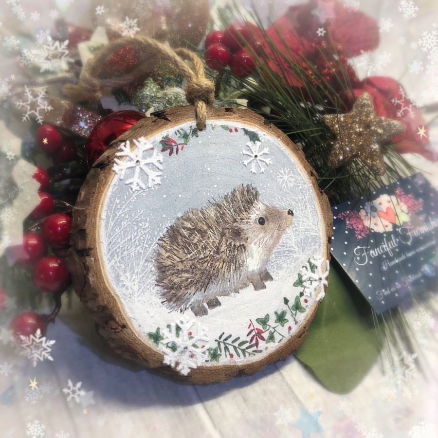 Cute Christmas Hedgehog rustic log slice Christmas tree decoration