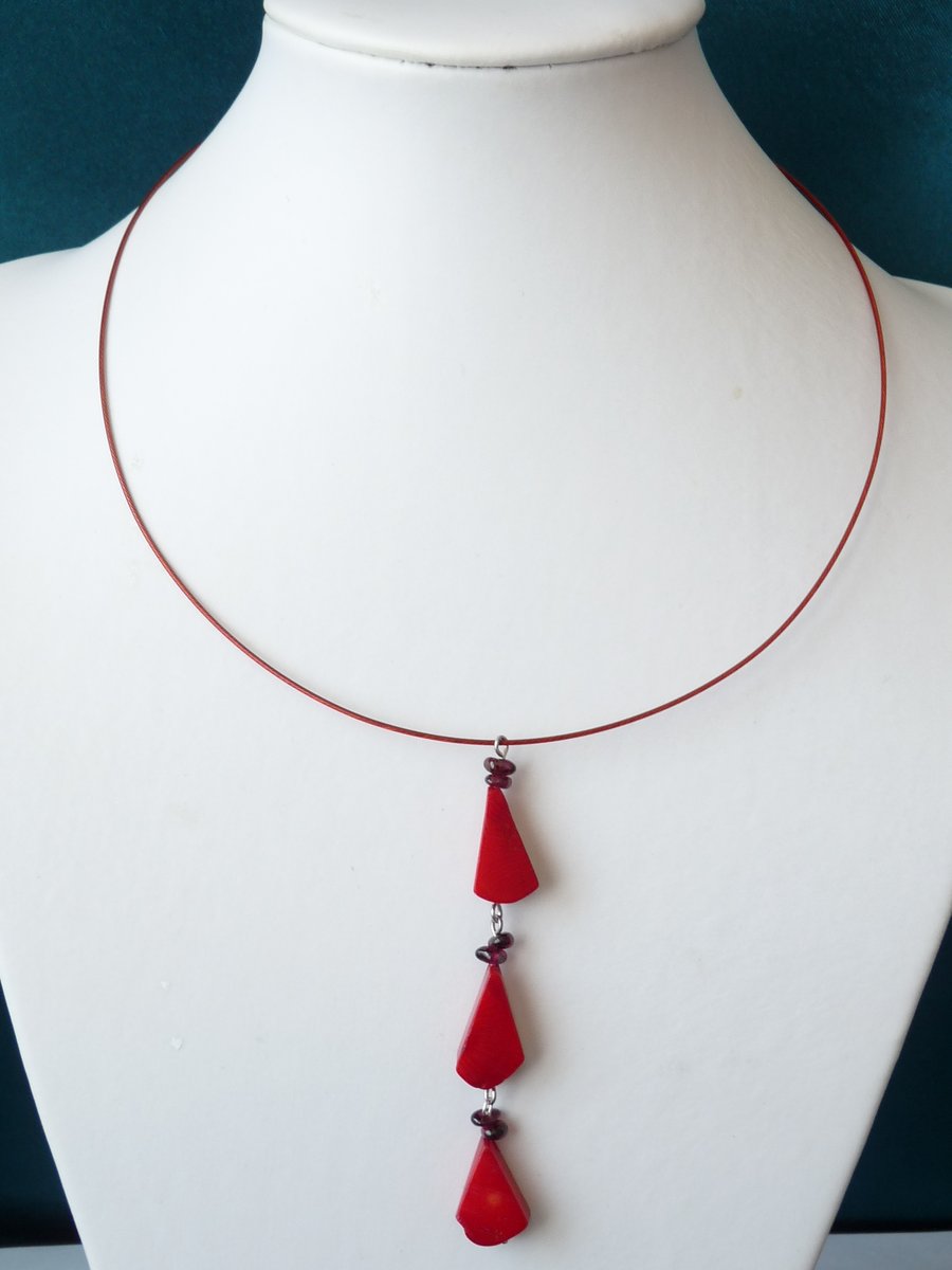 Garnet & Red Coral Memory Wire Necklace - Handmade - Genuine Gemstone