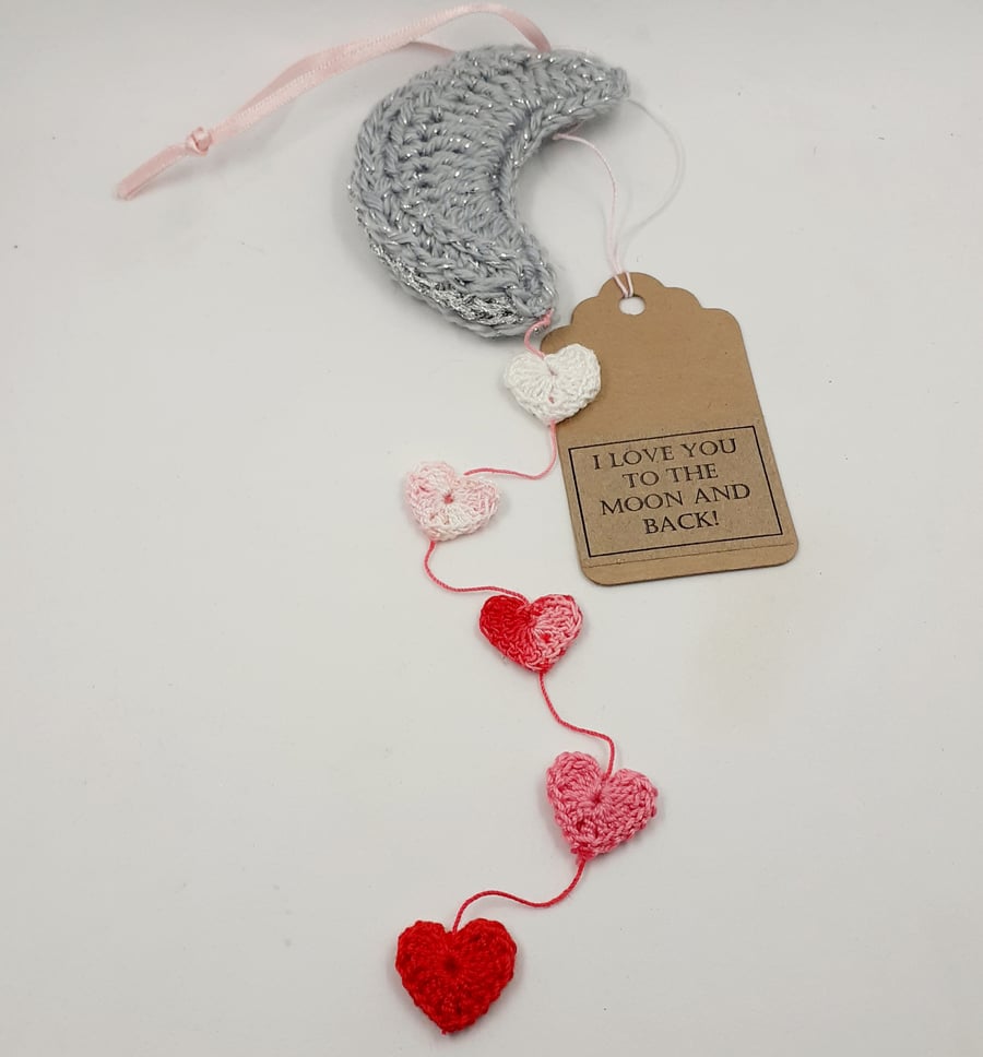Crochet Moon Hanger with Hearts 