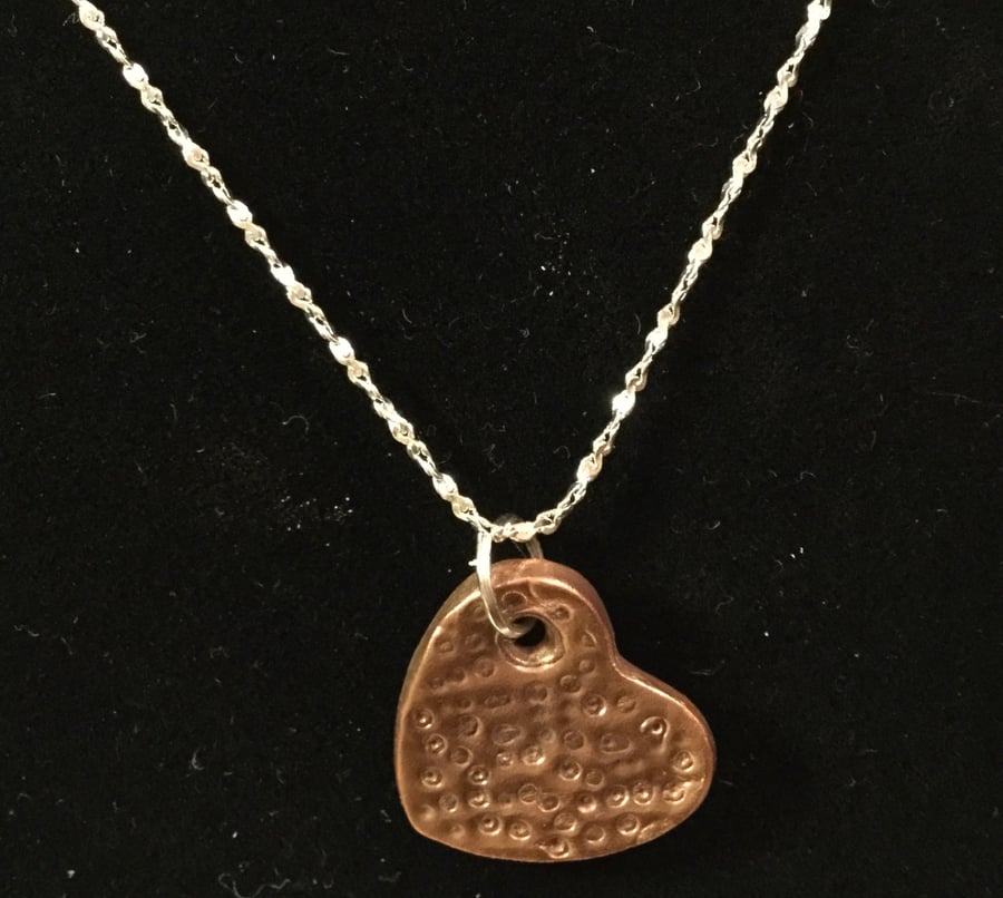 Stippled dot copper hand crafted pendant on 925 silver chain