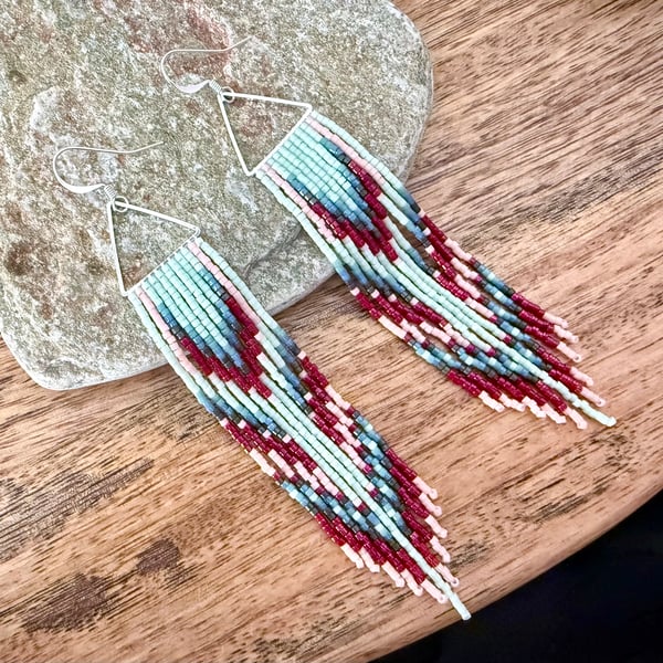 Handmade beaded fringe earrings in mint, maroon red and pink blush