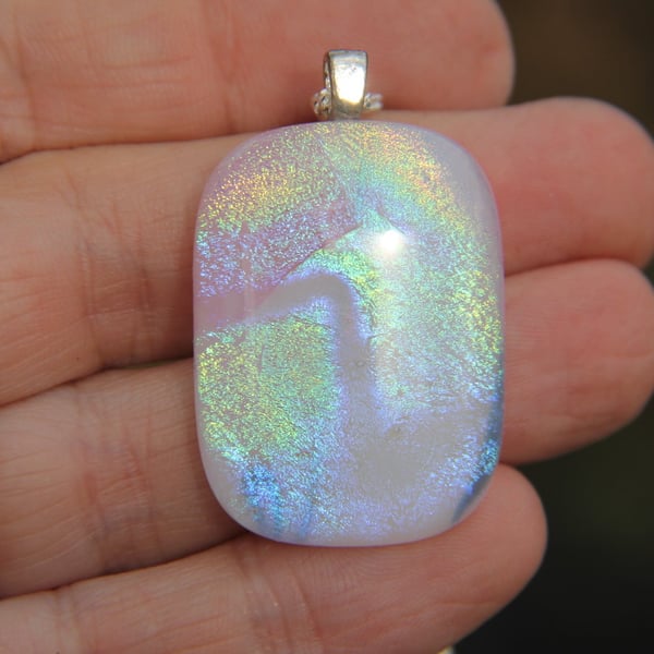 Handmade Rainbow and white dichroic glass pendant, fused glass necklace SKU F14