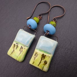 lampwork glass earrings, blue and green, copper and ceramic jewellery