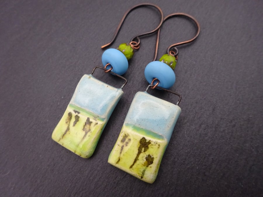 lampwork glass earrings, blue and green, copper and ceramic jewellery