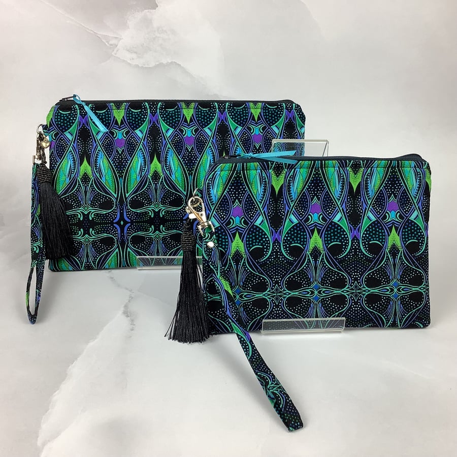 Turquoise geometric zip clutch bag, Detachable wrist strap, 2 size options