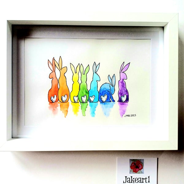 Rainbow bunnies original illustration framed made to order