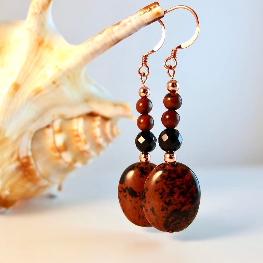 Mahogany Obsidian , Onyx And Copper Earrings - Handmade In Devon