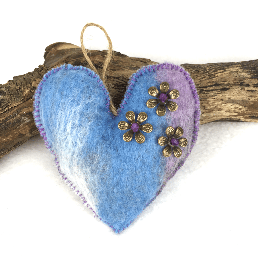 Felt hanging padded heart in lilac, blue and grey merino wool (3)