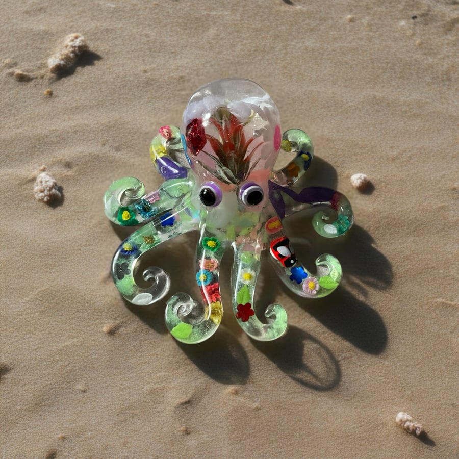 Handmade Resin Octopus Sculpture – Colourful Floral Ocean Ornament – Quirky Desk