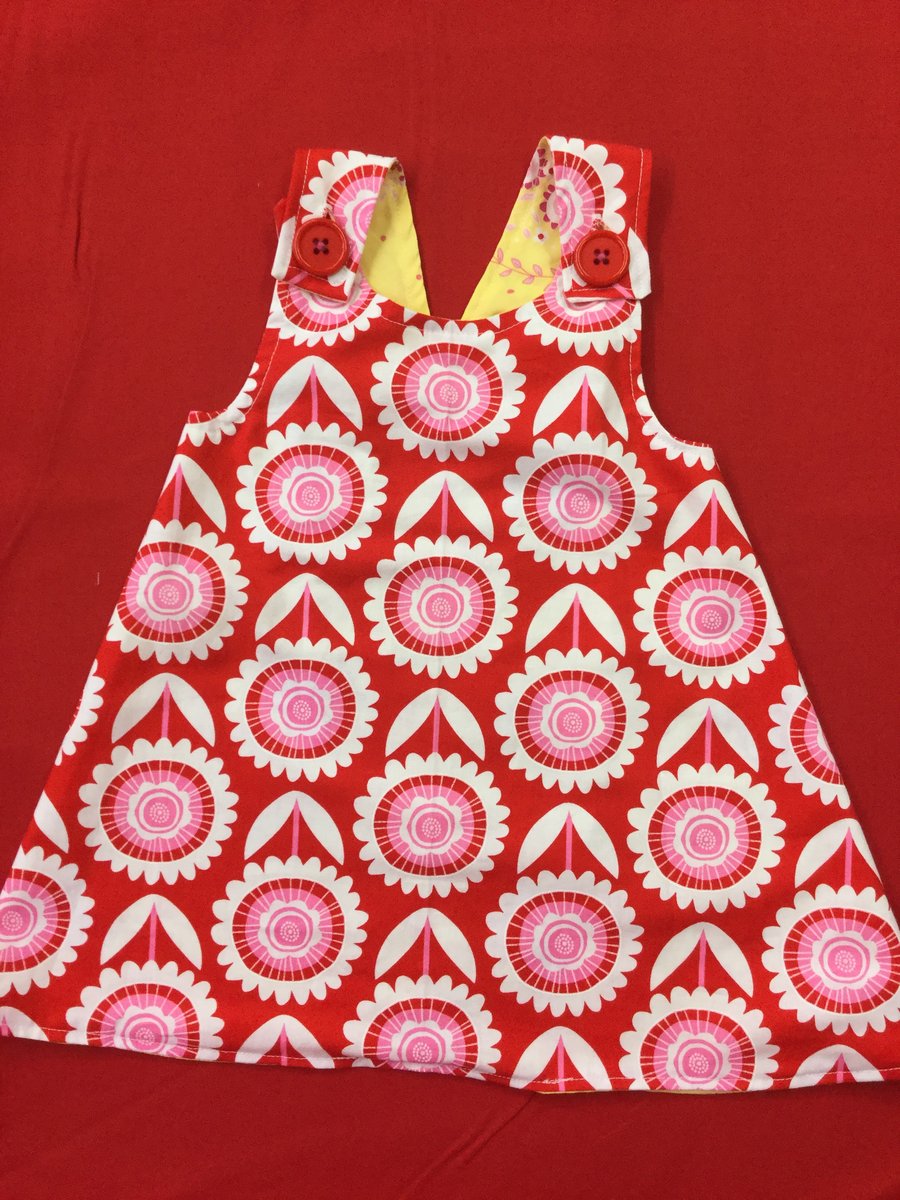 Girls Reversible Apron Dress - 2-3yrs Large Flower Red and Yellow
