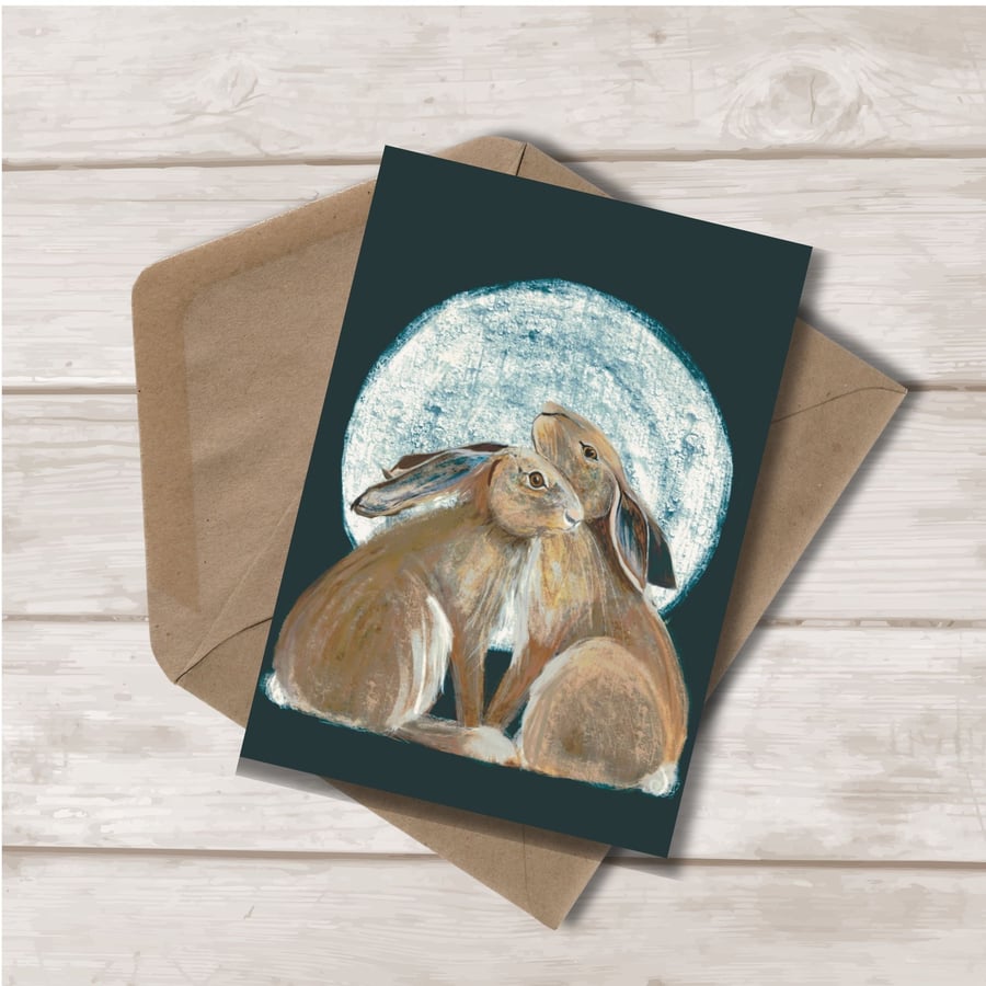 Blank card -  Moon Lit Hares art card - anniversay birthday valentine