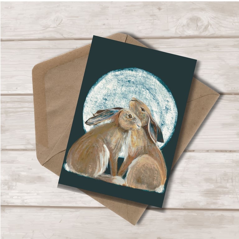 Blank card -  Moon Lit Hares art card - anniversay birthday valentine