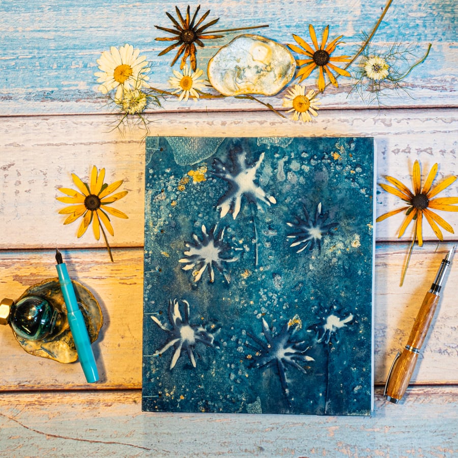 8 by 10 Journal, Cyanotype Prints with Flowers from my Garden (Folksy057)