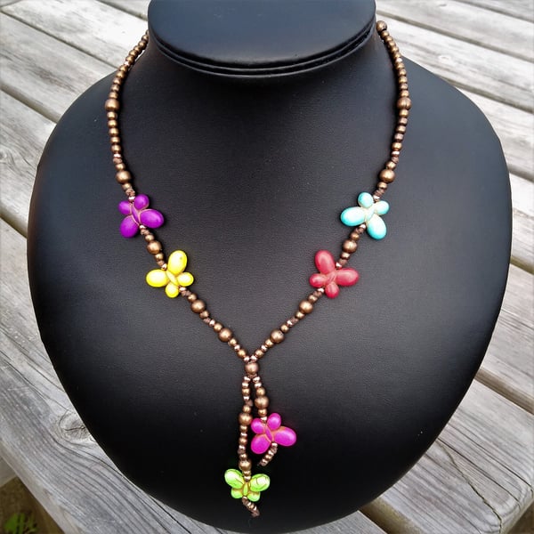 Colourful Howlite Butterfly Adjustable Cord Necklace 14 Inch Choker to 24 Inch 