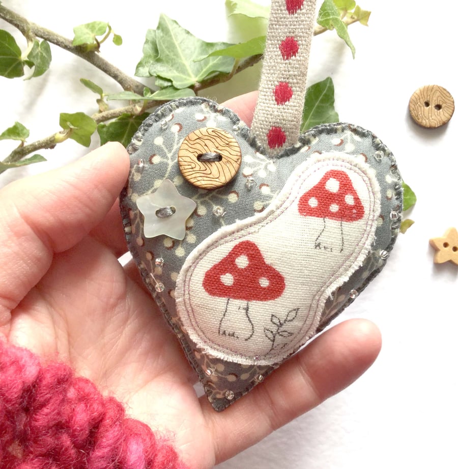 Mushroom Hanging Heart Decoration. Toadstool Decoration. Boho, Friendship