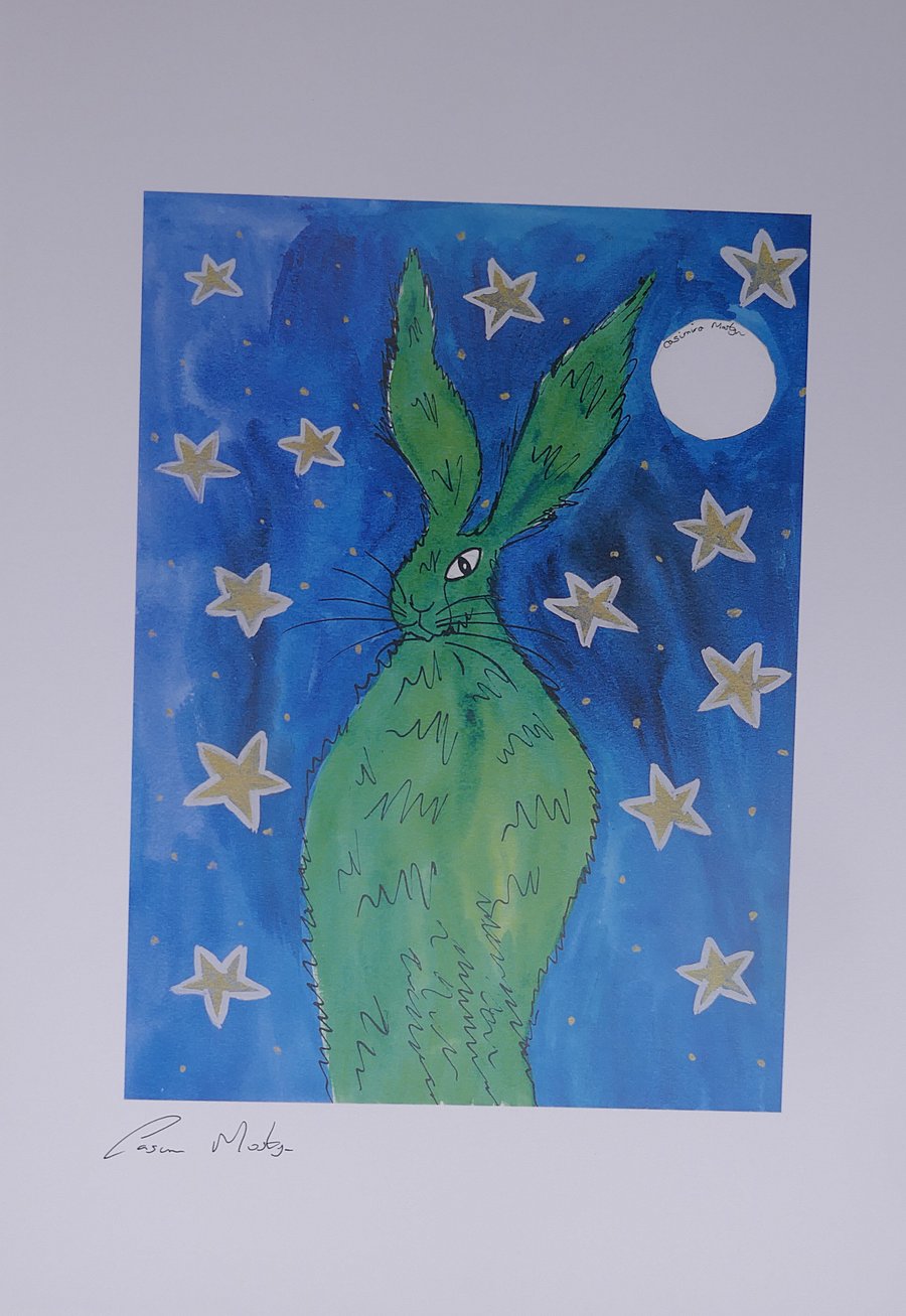 Quirky Green Hare  Moon gazing 11.5" x 8.5", including white boarder 18" x 12.5"
