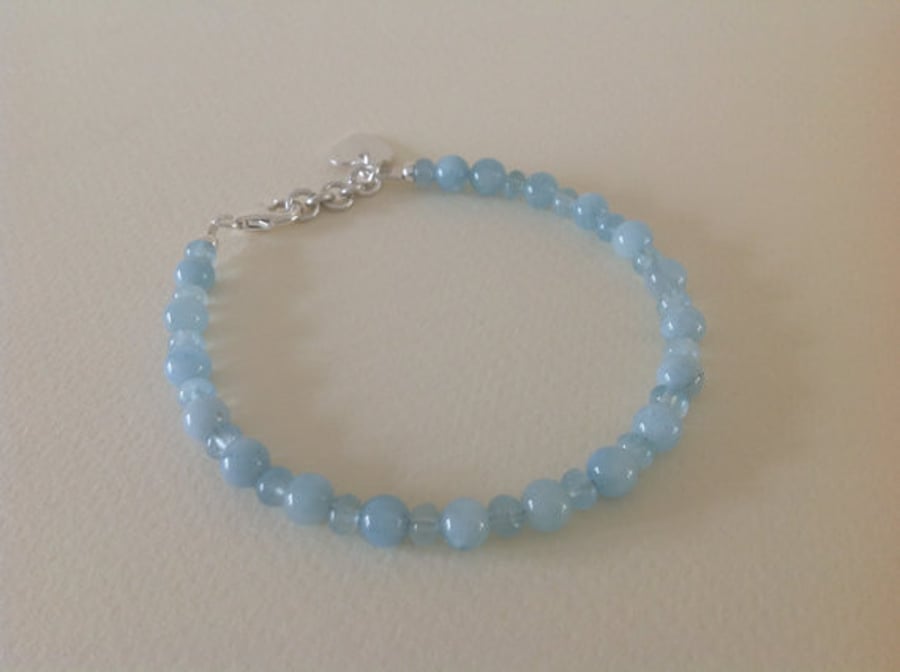 Aquamarine and Sterling silver dainty heart charm bracelet