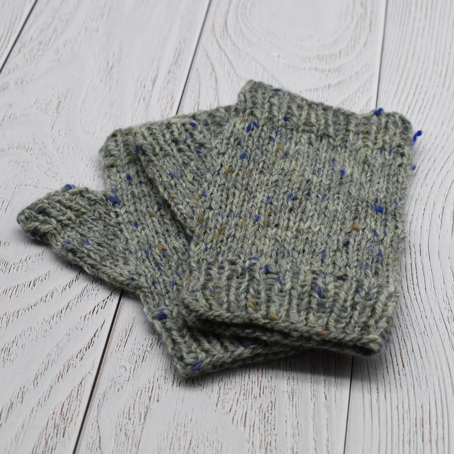Hand Knitted Fingerless mittens - Grey Blue Marl - Small