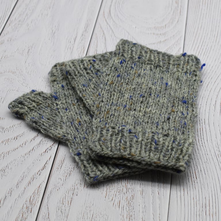 Hand Knitted Fingerless mittens - Grey Blue Marl - Small
