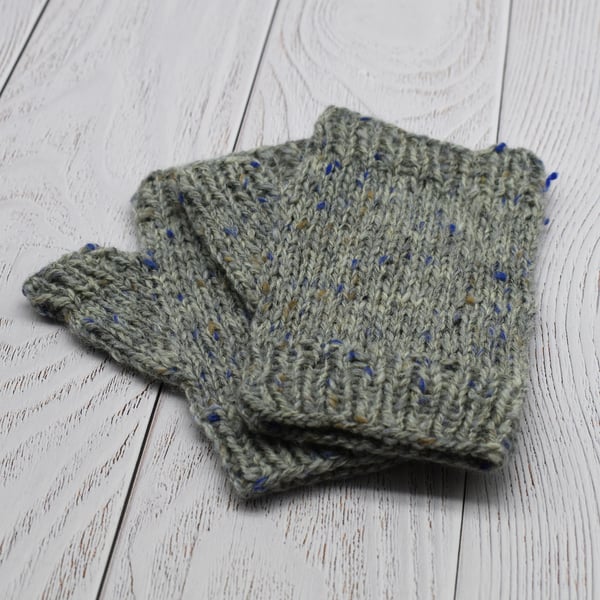 Hand Knitted Fingerless mittens - Grey Blue Marl - Small