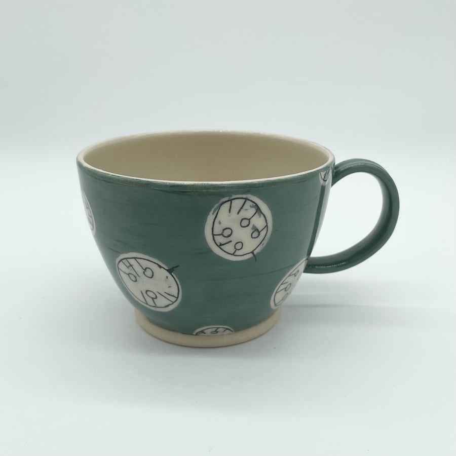Handmade Mug Tea Coffee Green White Flowers Mothers Day Birthday Pottery Gift
