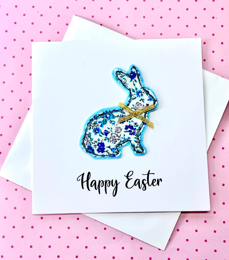 Easter Bunny Liberty Fabric Greeting Card, Freemotion Embroidery Textile card