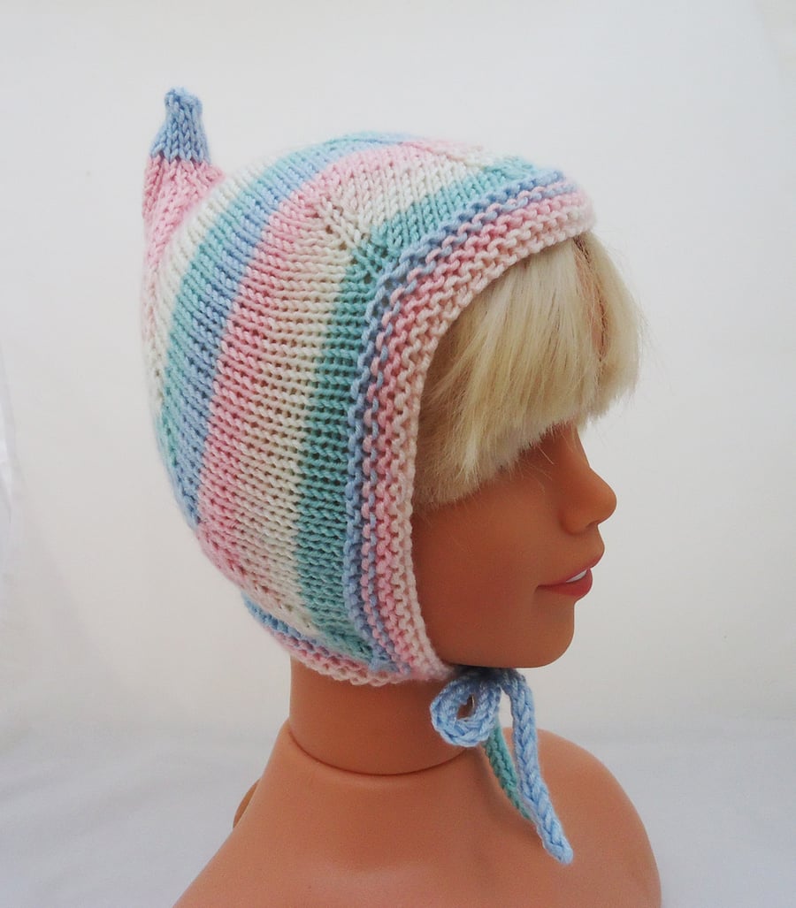 Hand knitted Baby Pixie Bonnet, Baby Pixie Hat, Baby Elf Bonnet, Toddler Hat