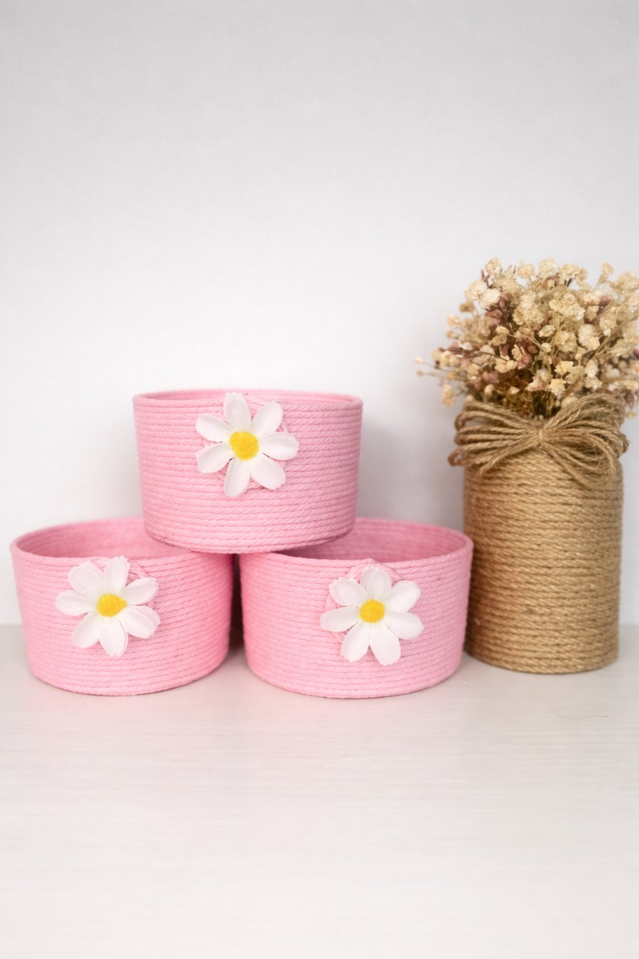 Handmade Pink Rope Basket Bathroom Storage Basket Daisy Decor Rustic Home 