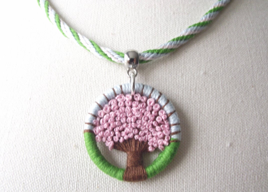 Handmade Necklace, Cherry Blossom, Sakura Dorset Button and Kumihimo Braid, Pink