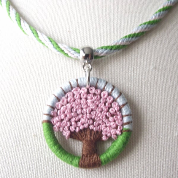 Handmade Necklace, Cherry Blossom, Sakura Dorset Button and Kumihimo Braid, Pink