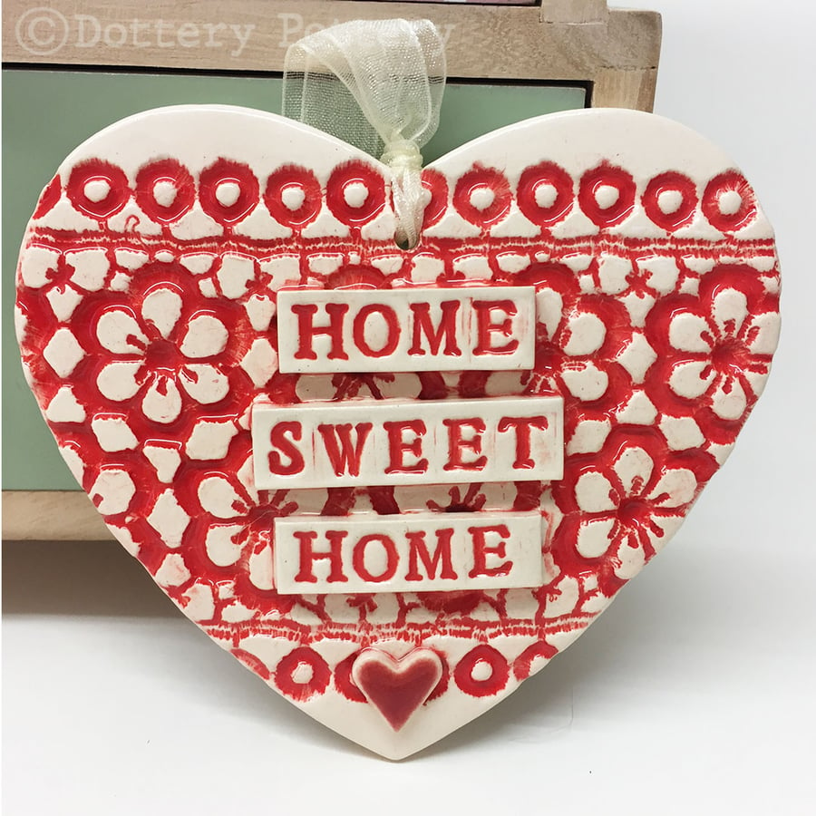 Ceramic heart hanging decoration Pottery Heart  Home Sweet Home Flower pattern