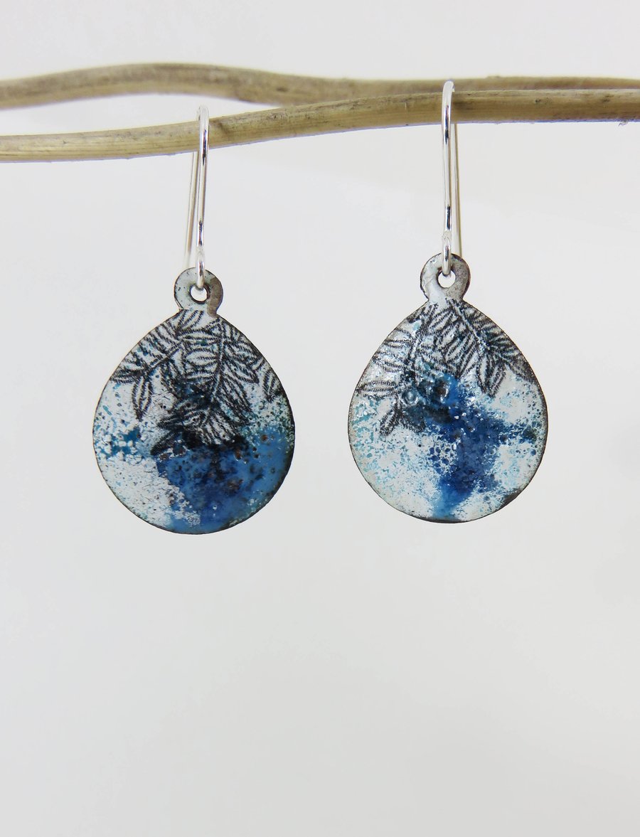 Blue and white enamel oval teardrop dangle earrings in copper with leaf pattern