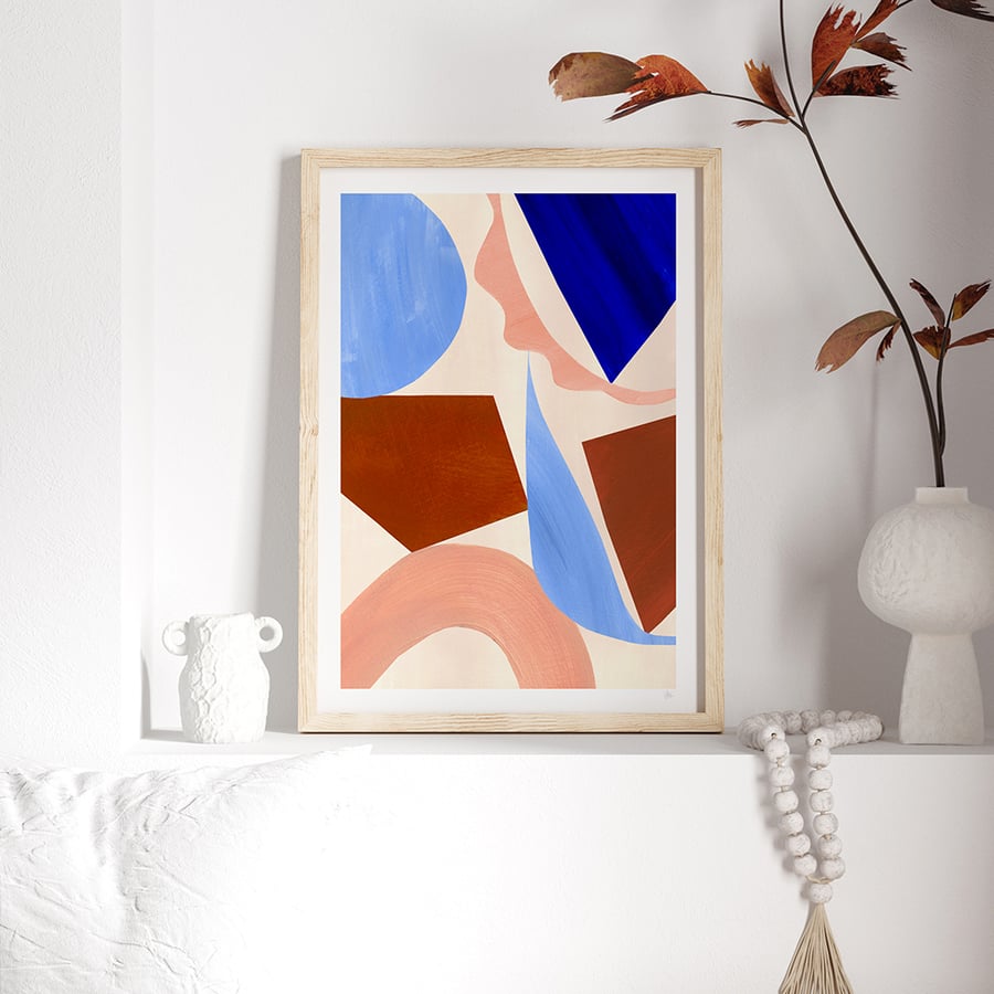 Blue Peach and Brown Abstract Art Print