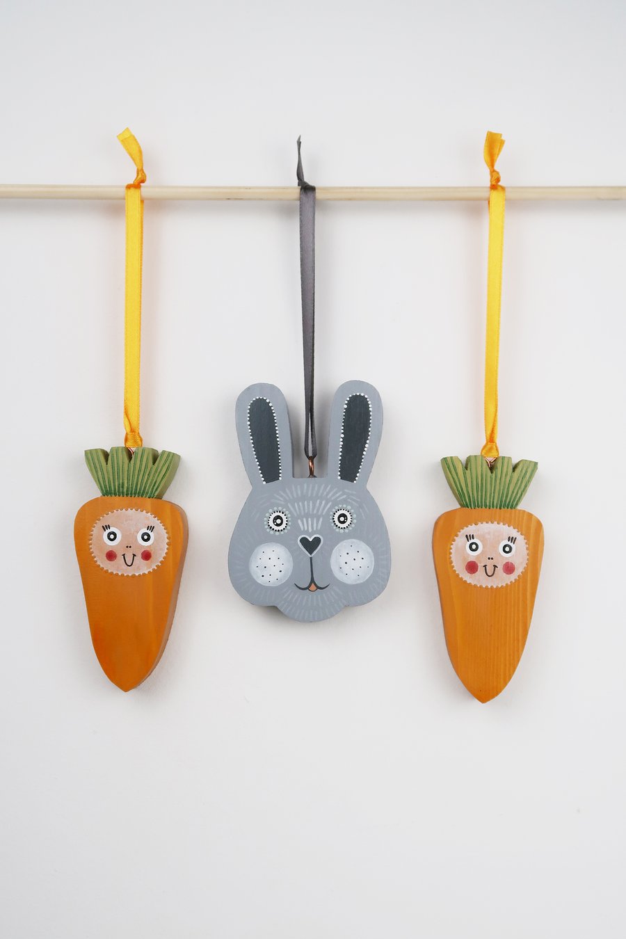 Easter bunny and carrots hanging decorations, cute wooden spring decor